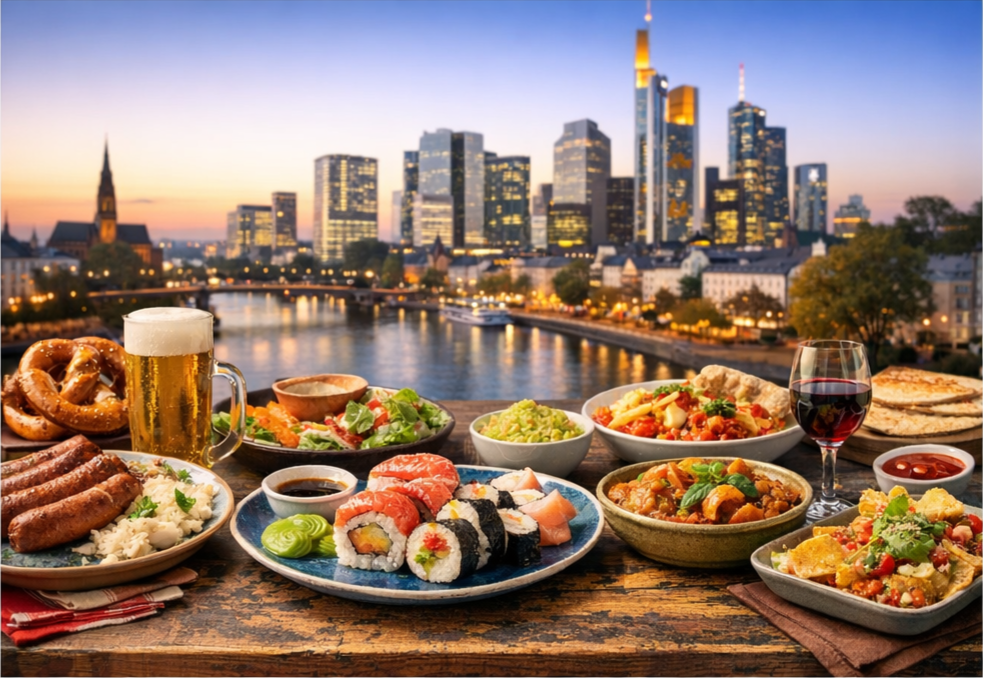 Platos de comida internacional en Frankfurt con el skyline de la ciudad al atardecer de fondo