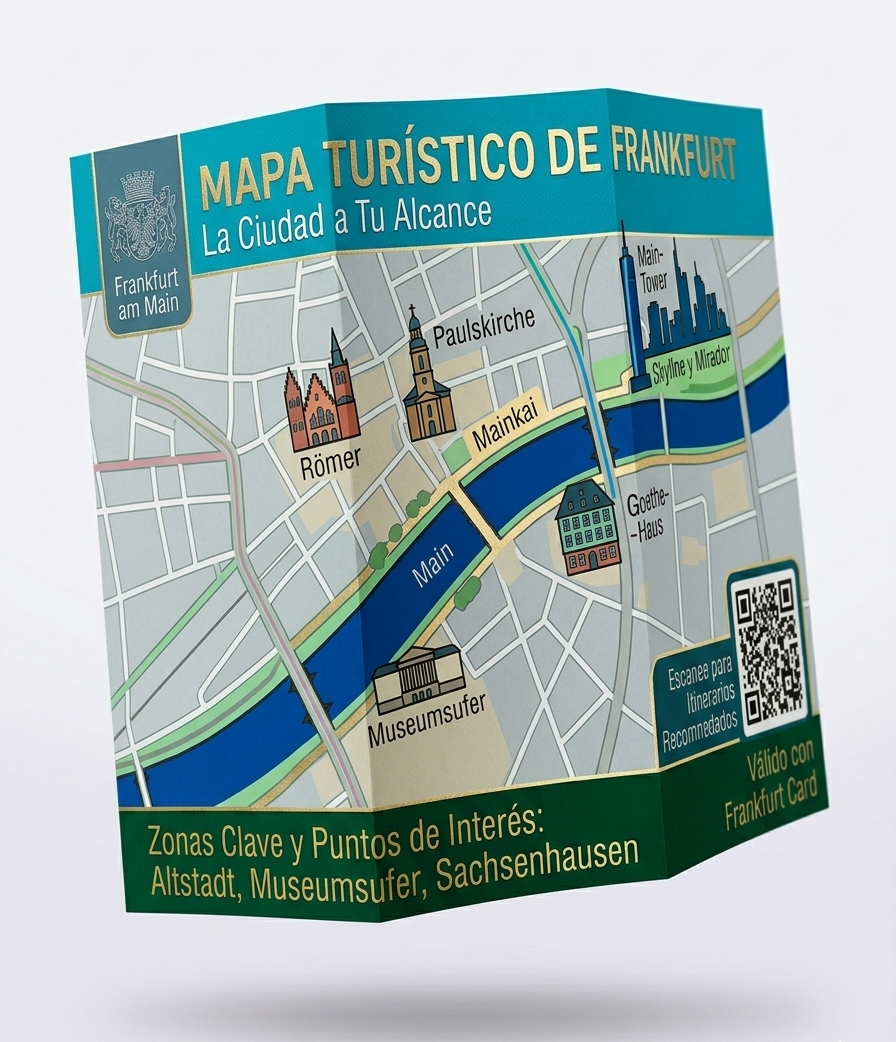 Mapa turistico de Frankfurt con los principales puntos de interes: Romerberg, Museumsufer, Palmengarten y mas